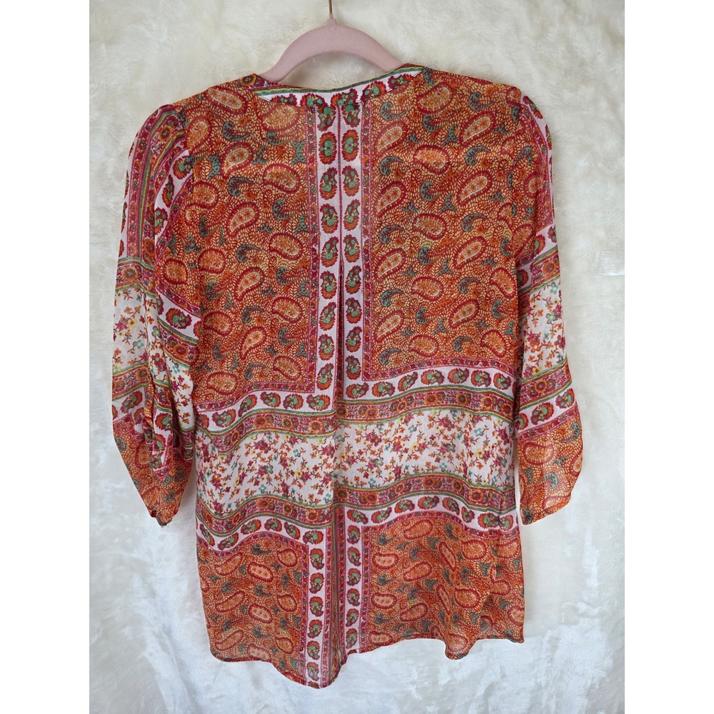 Figueroa & Flower Womens Paisley Floral V-Neck Roll Tab Sleeve‎ Blouse Orange S - Picture 2 of 7
